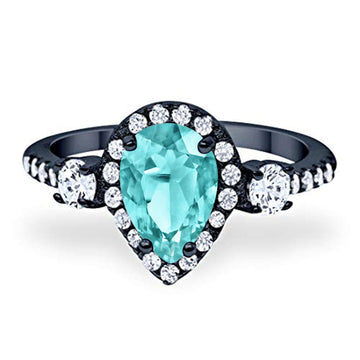 Three Stone Halo Teardrop Pear Fashion Ring Black Tone, Simulated Paraiba Tourmaline CZ 925 Sterling Silver